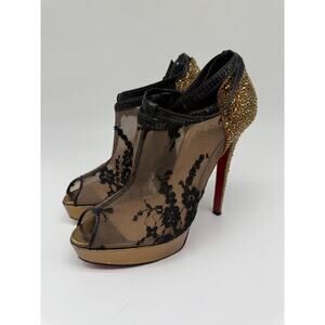 Christian Louboutin Mesh Lace Embroidered Glitter Peep Toe Pump Black Size 39.5